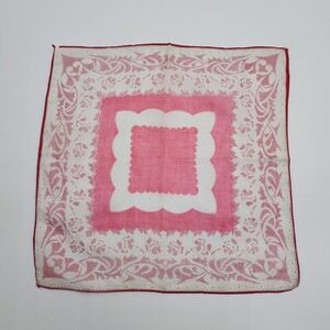 Vintage Women Handkerchief Hanky White Pink Floral Print Maroon Hem 12x12 Square